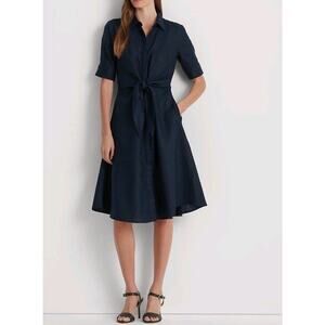 NEW Lauren Ralph Lauren Tie Front Linen Shirtdress Sz 10 Navy Blue Short Sleeve